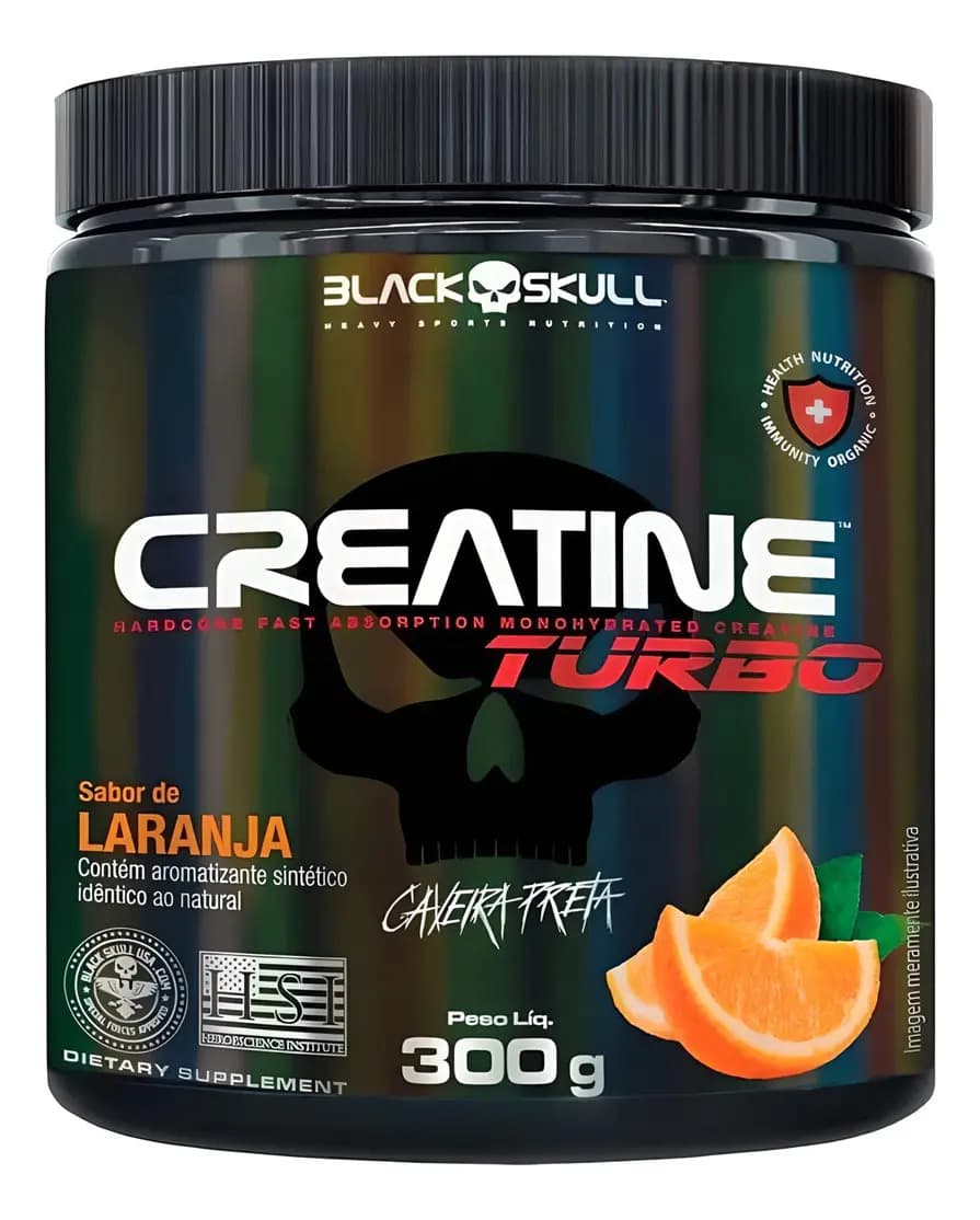 Black Skull Creatina Turbo Hardcore Pura Monohidratada 300g Black Skull Sabor Laranja