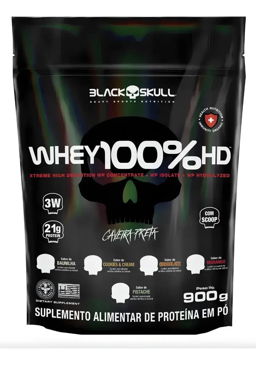 Black Skull Whey 100% Hd Refil Black Skull 900g Wpc Wpi E Wph Sabor Baunilha