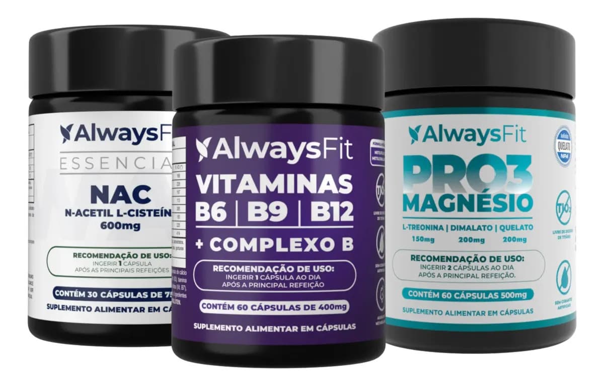 Always Fit Kit AlwaysFit | Pro3magnésio + Nac E Vitaminas B6b9b12 | Sem Sabor