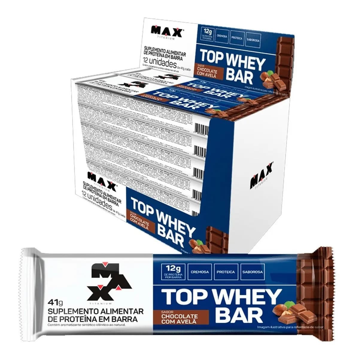 Max Titanium Barra de Proteína 12 Unidades Top Whey Bar Max Titanium Chocolate com Avelã