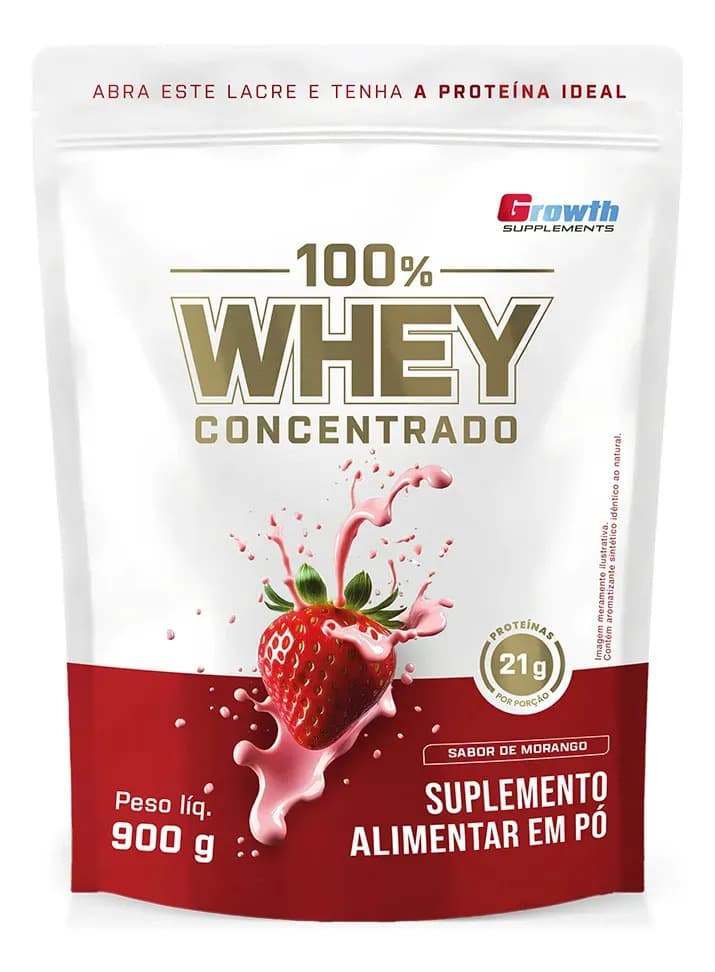 Growth Supplements 100% Whey Concentrado 900g Growth Supplements Morango