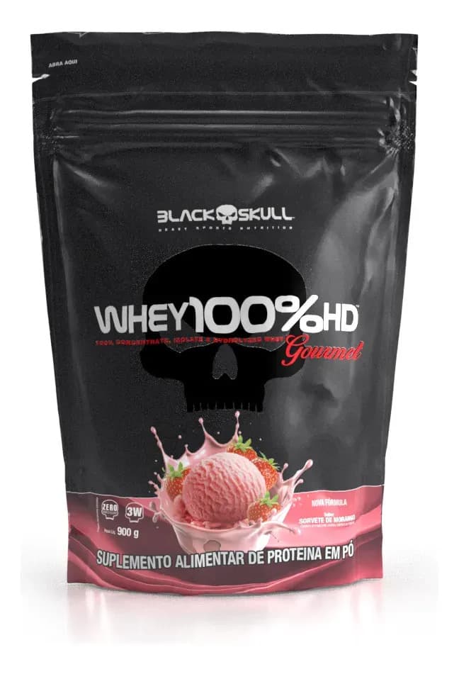 Black Skull Whey 100%hd Gourmet 900g Refil Black Skull Sabor Morango