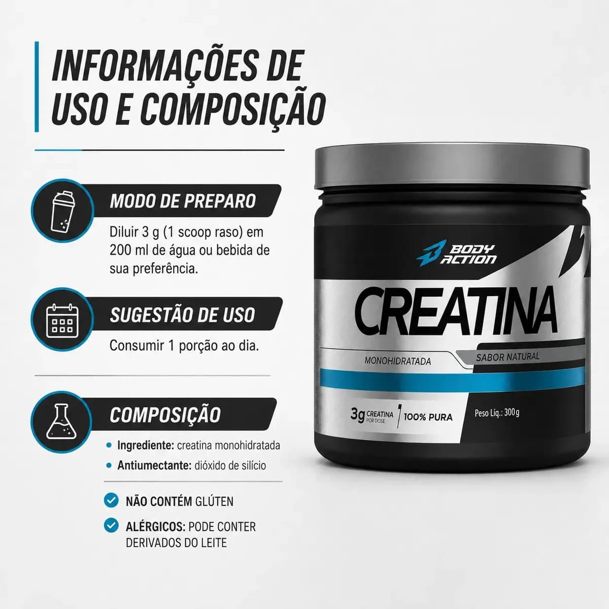 Bodyaction Creatina Monohidratada Bodyaction 300g Sem Sabor Pura