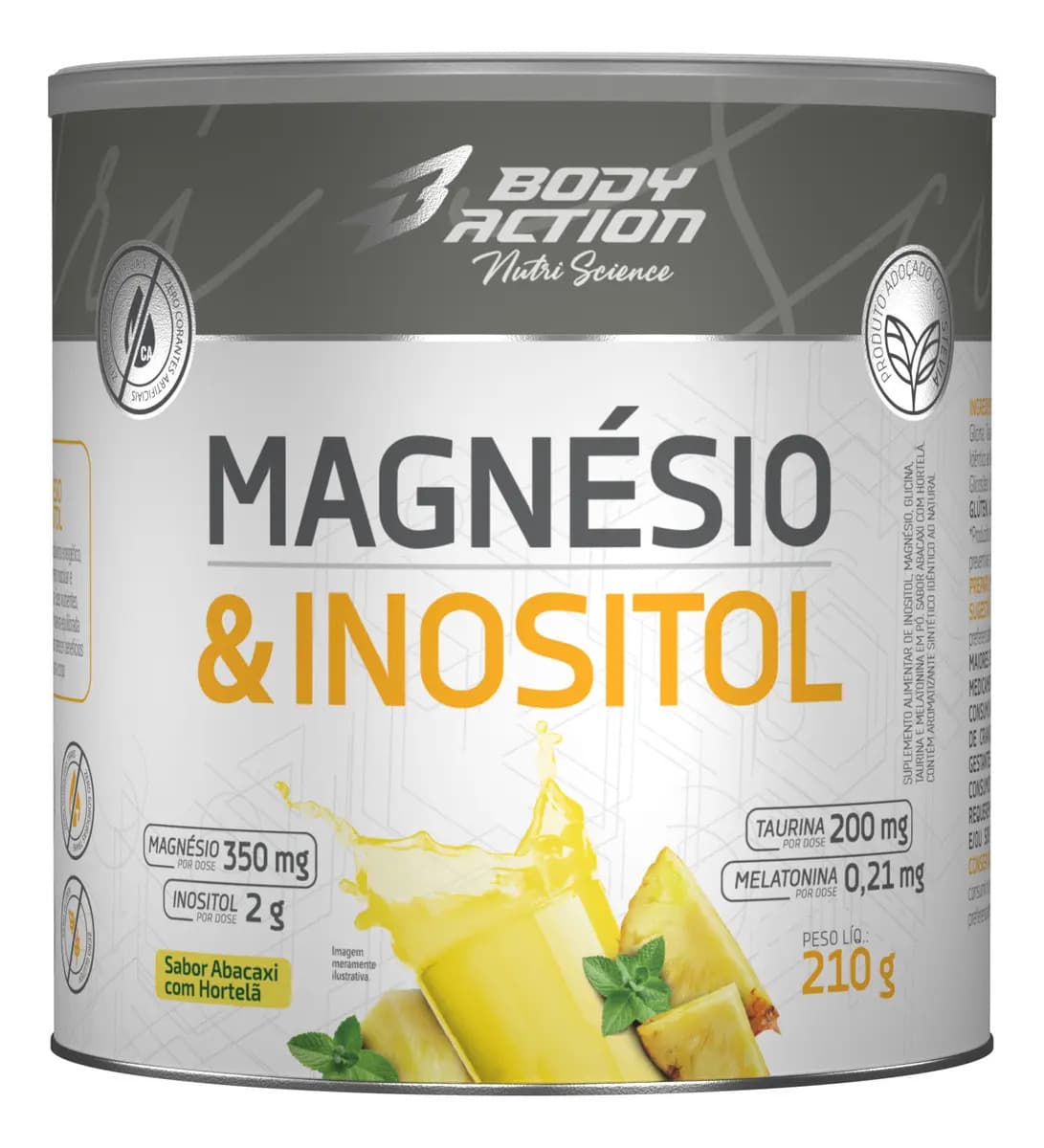 Bodyaction Magnésio E Inositol Taurina Melatonina 210g Bodyaction Sabor Abacaxi com hortelã