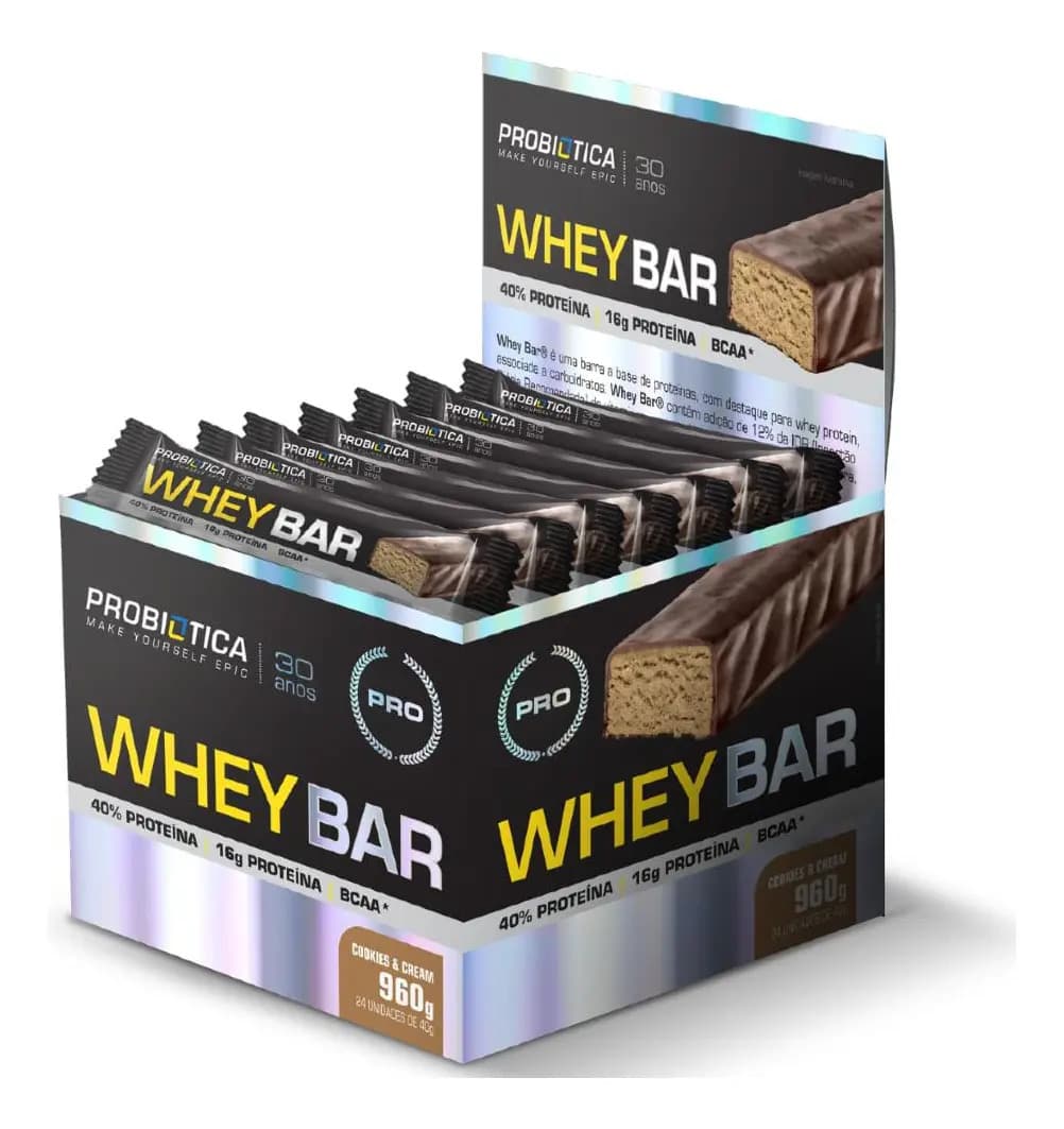 Probiótica Barra de Proteína 24 Unidades Whey Bar Probiótica Cookies Cream Alto Proteico