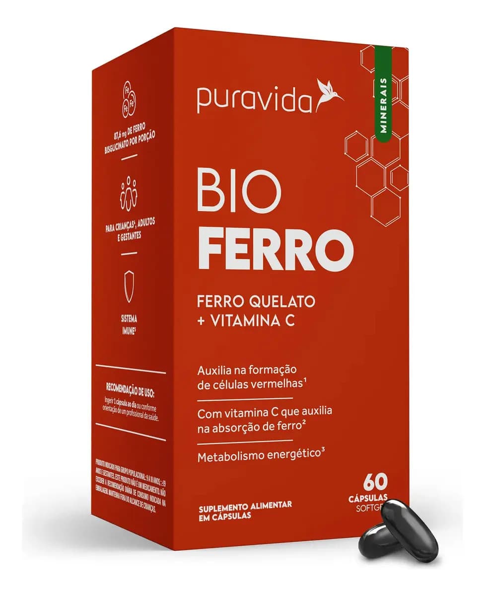 Puravida Bio Ferro Quelato + Vitamina C 60 Cápsulas Sem Sabor Puravida