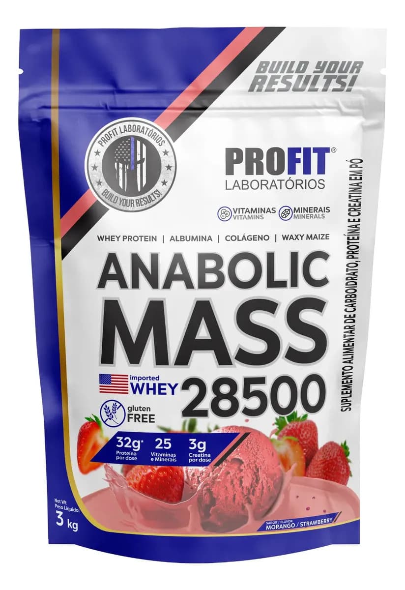 ProFit Laboratórios Hipercalórico Anabolic Mass 28500 3kg Profit Labs Sabor Morango