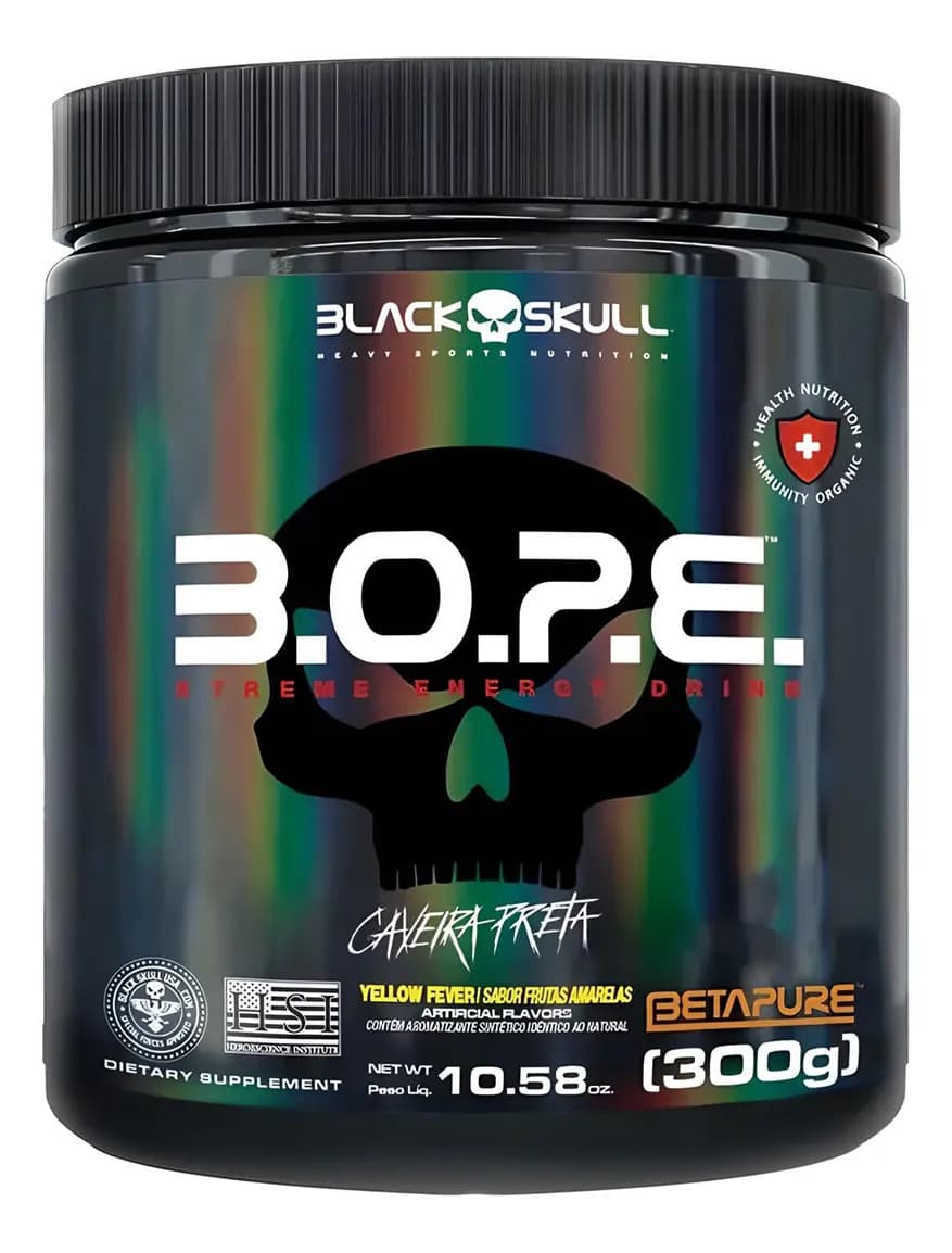 Black Skull Pré-Treino B.O.P.E. Black Skull em Pó, 300g Sabor Frutas Amarelas