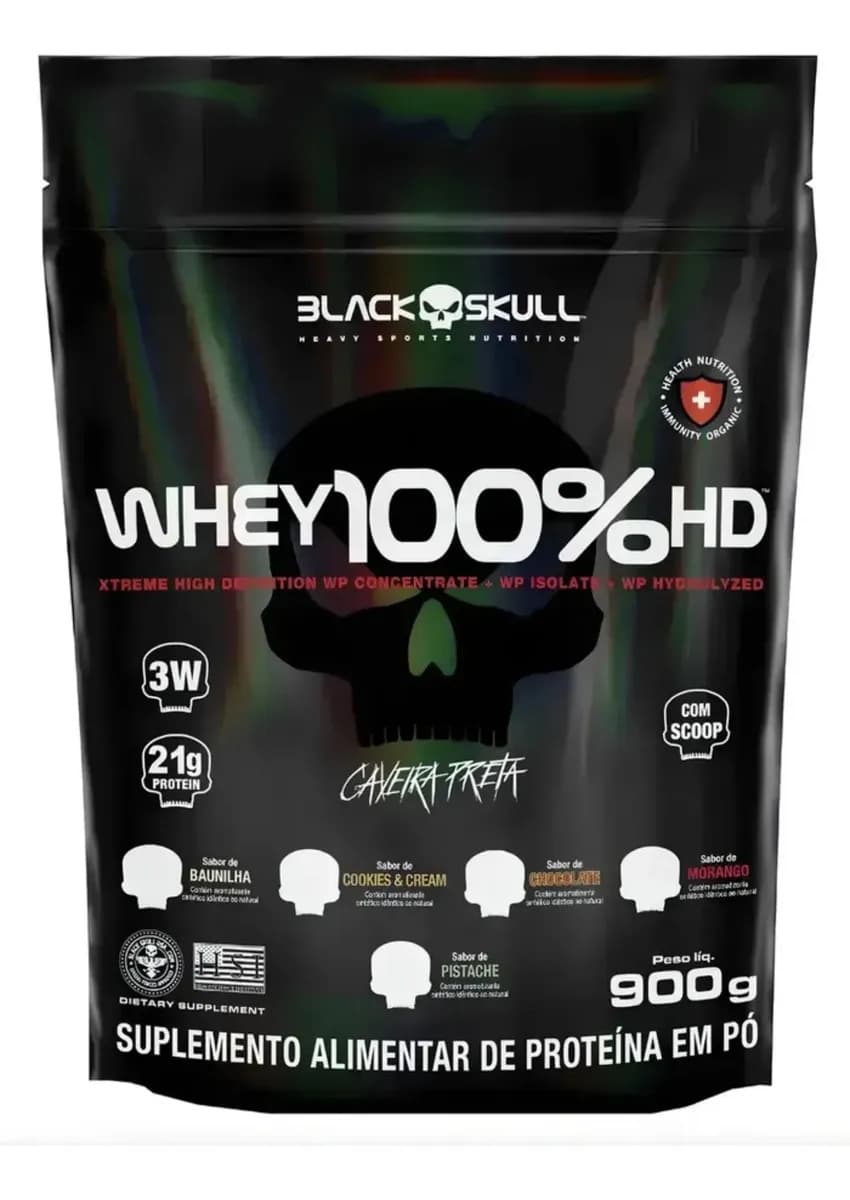 Black Skull Whey 100% Hd Refil Black Skull - 900g (wpc, Wpi E Wph) Sabor Baunilha