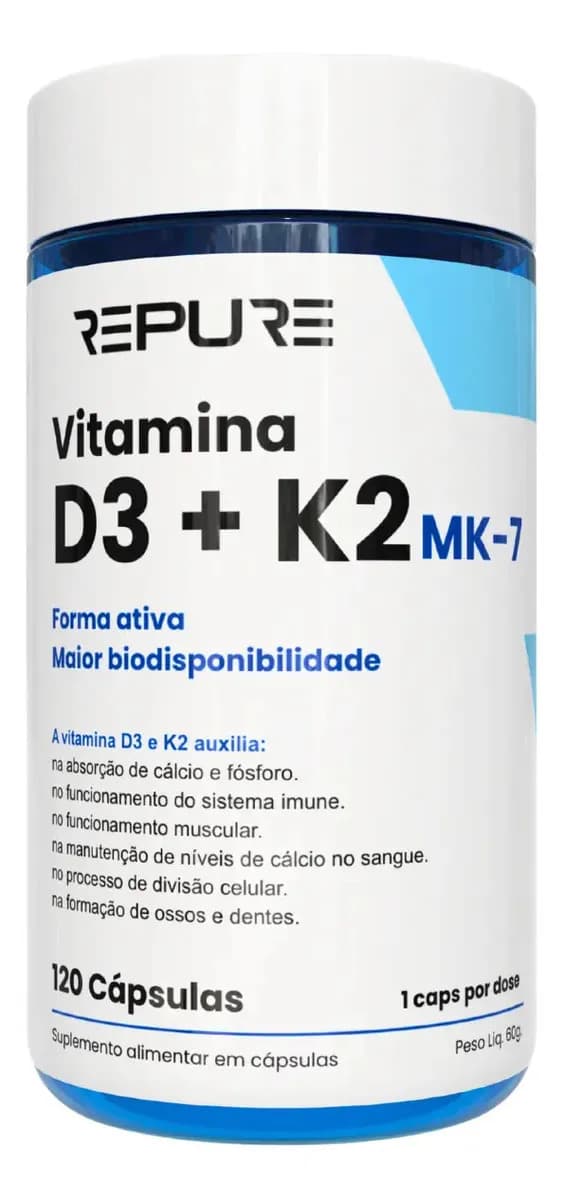 Vitamina Vitamina D3 K2 Mk7 (2000ui + 149mcg) Premium 120 Cáps Repure Sem Sabor