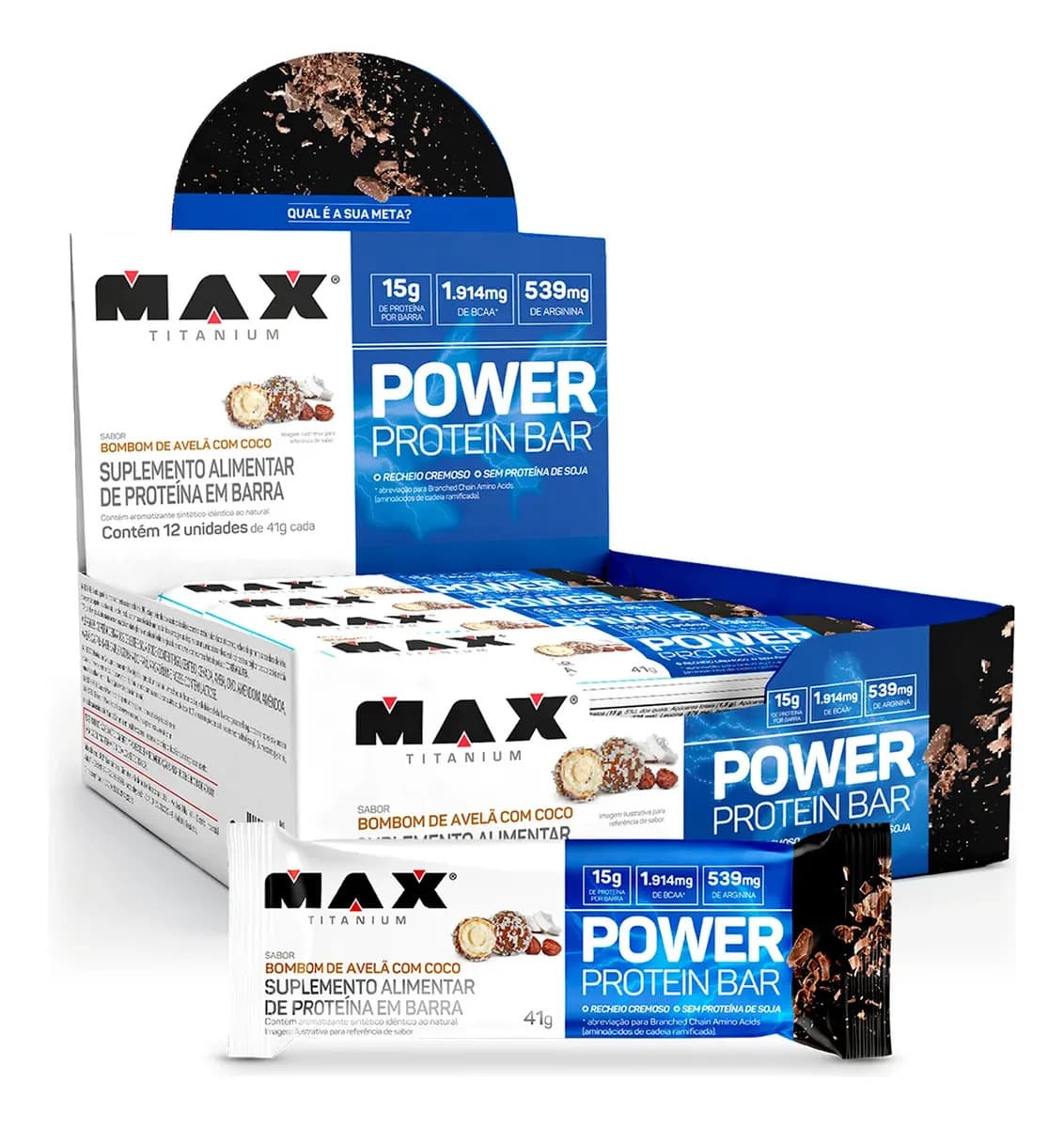Max Titanium Barra de Proteína 41g 12un Power Protein Bar Max Titanium Protein Bar 13g Proteína Sabor Avelã com Coco