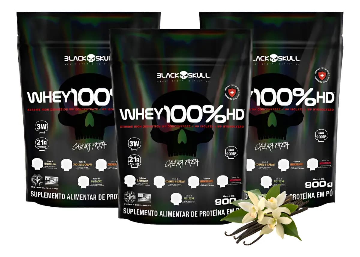 Black Skull Whey Protein 100% Hd Kit 3 Unidades Suplemento Black Skull Sabor Baunilha