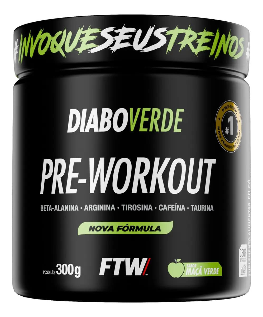 FTW Pré Treino Pre Workout DIABO VERDE Pote 300g Sabor Maça Verde FTW