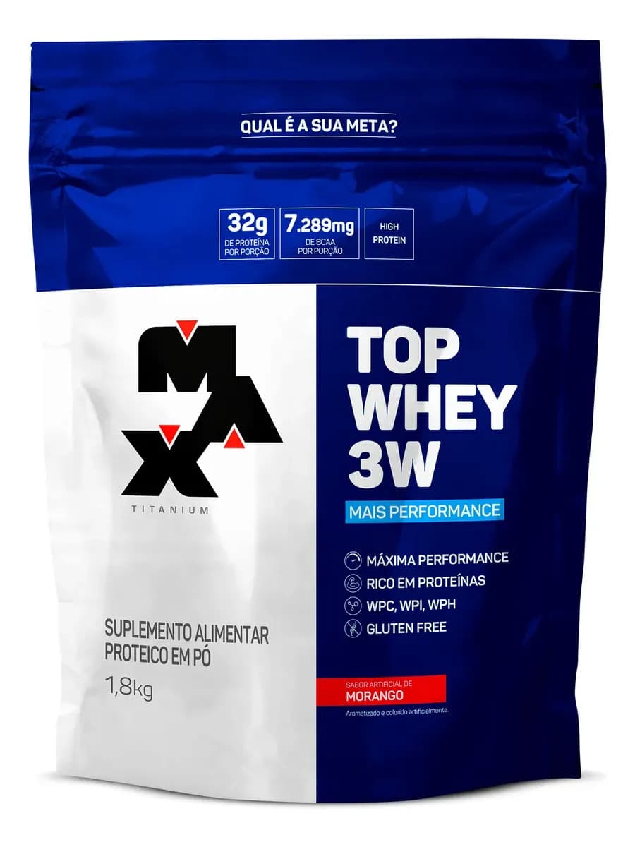 Max Titanium Top Whey 3w Mais Performance 1,8kg Sabor Morango Whey Concentrado Max Titanium