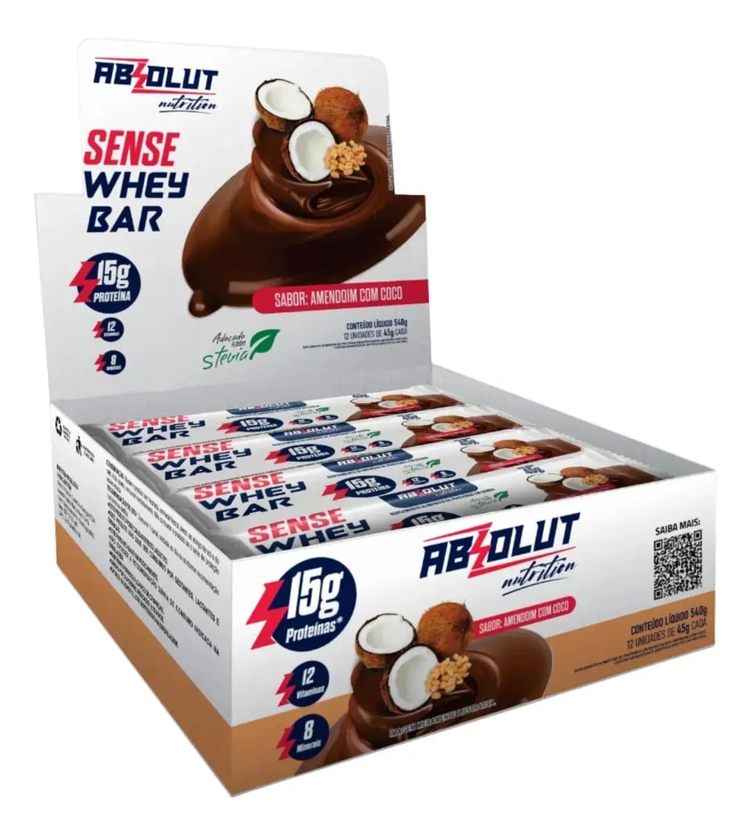 Absolut Nutrition Barra de Proteína Absolut Nutrition Sense Whey Bar Amendoim com Coco, Caixa com 12 Unidades