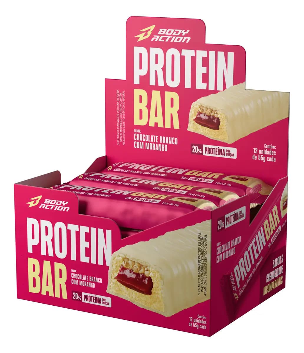 Bodyaction Barra De Proteína Cx 12 Unid. Snacks Protein Bar Bodyaction Sabor Chocolate Branco com Morango