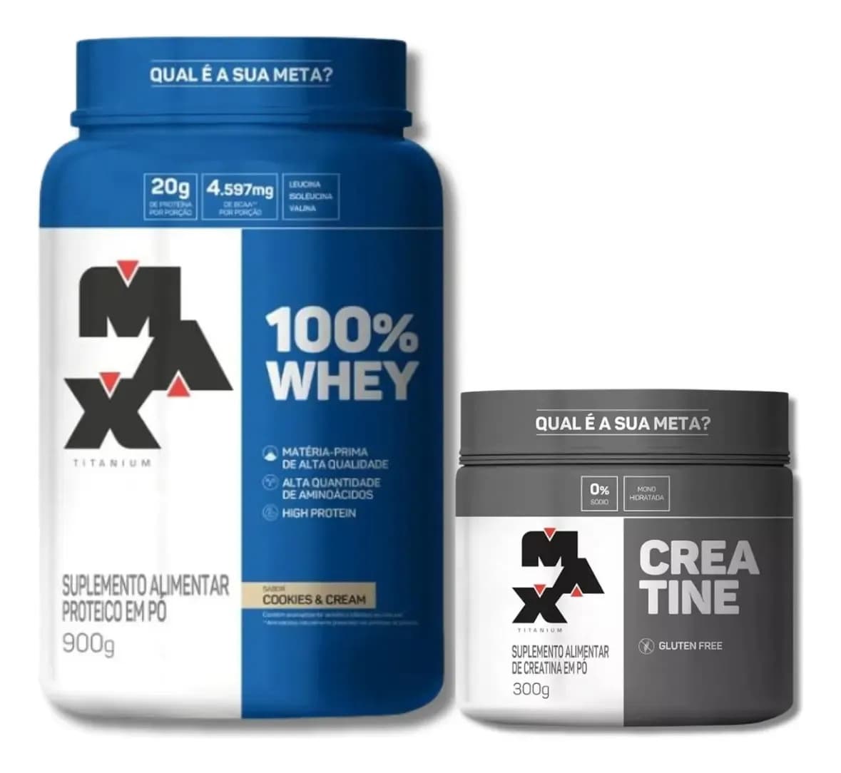 Max Titanium Combo: Whey 100% Max 900g + Creatina Max 300g Max Titanium Cookies And Cream