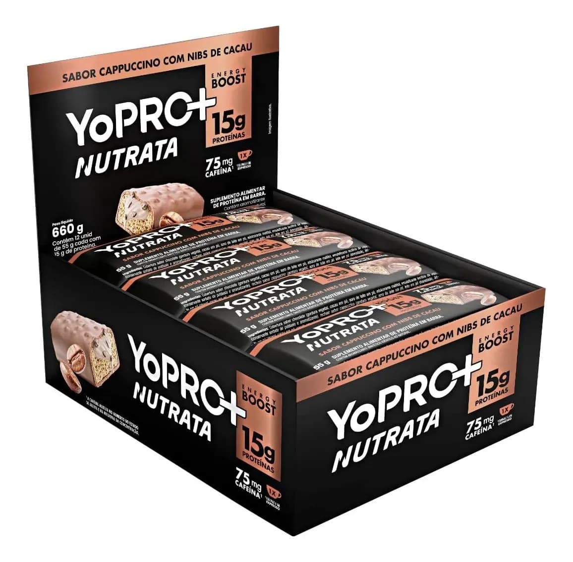 Nutrata Barra Proteína Nutrata Yopro Sabor Cappuccino 12 Unidades 55g Cappuccino C/ Nibs De Cacau
