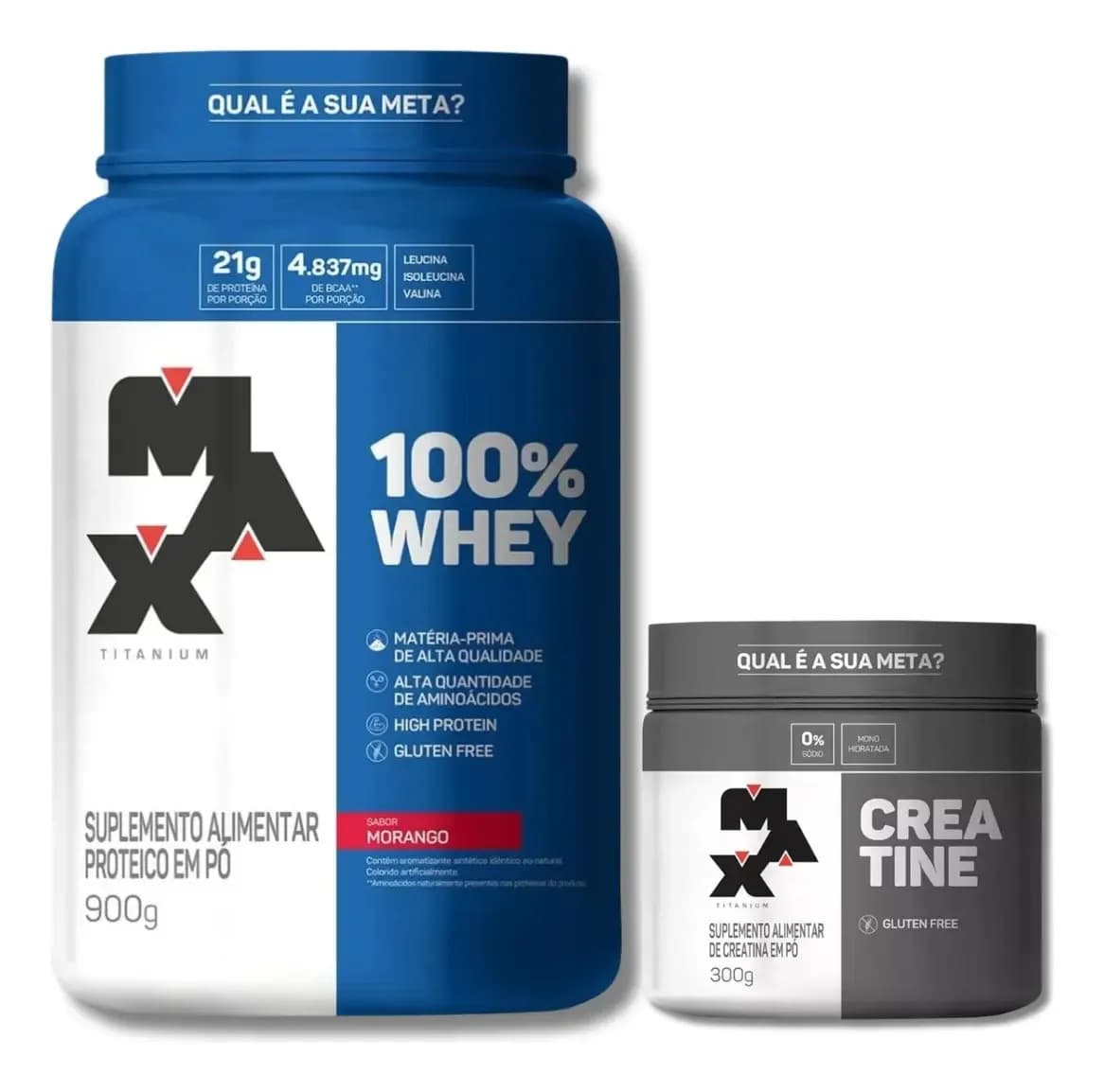 Max Titanium Combo: Whey 100% Max 900g + Creatina Max 300g Max Titanium Morango