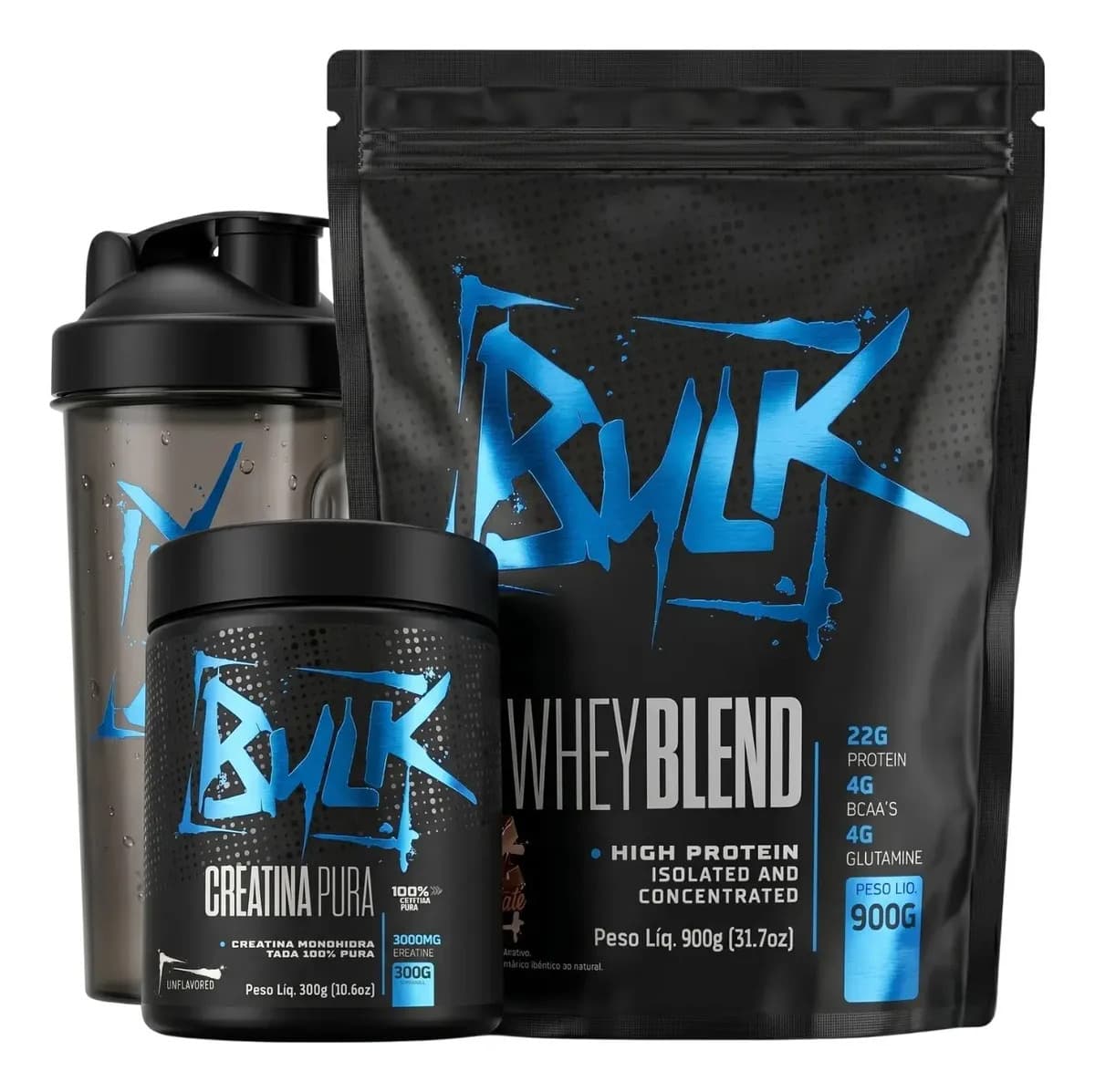 Bulk Nutrition Kit Whey Protein 900g + Creatina 300g + Shaker Sabor Chocolate