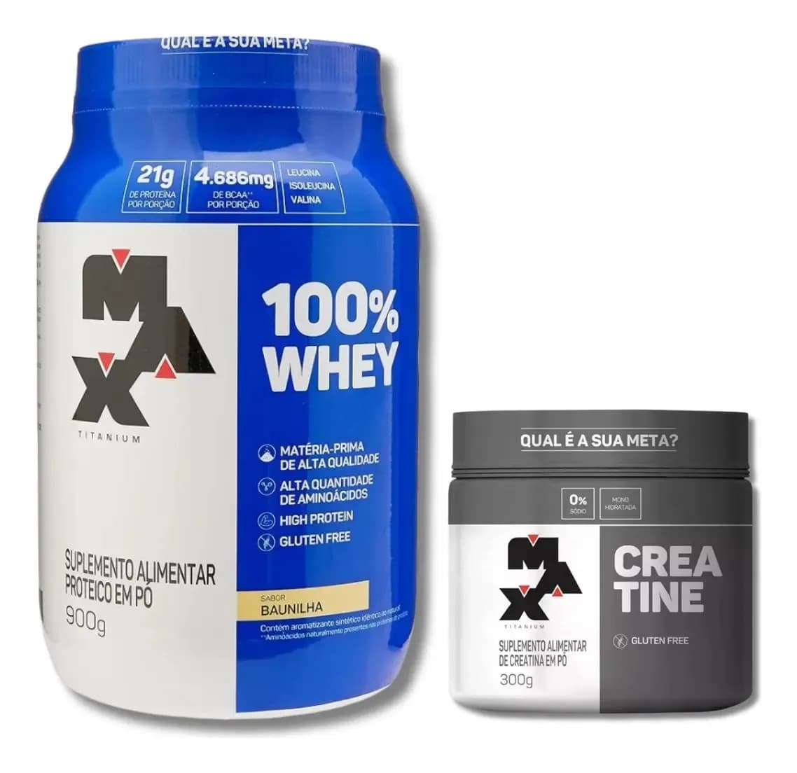 Max Titanium Combo: Whey 100% Max 900g + Creatina Max 300g Max Titanium Baunilha