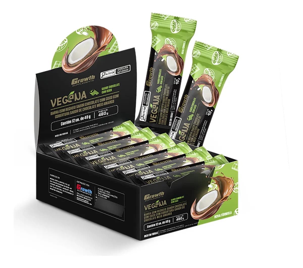 Growth Supplements Barra De Proteína Vegana Caixa C 12 Unid. Growth Supplements Chocolate Com Coco