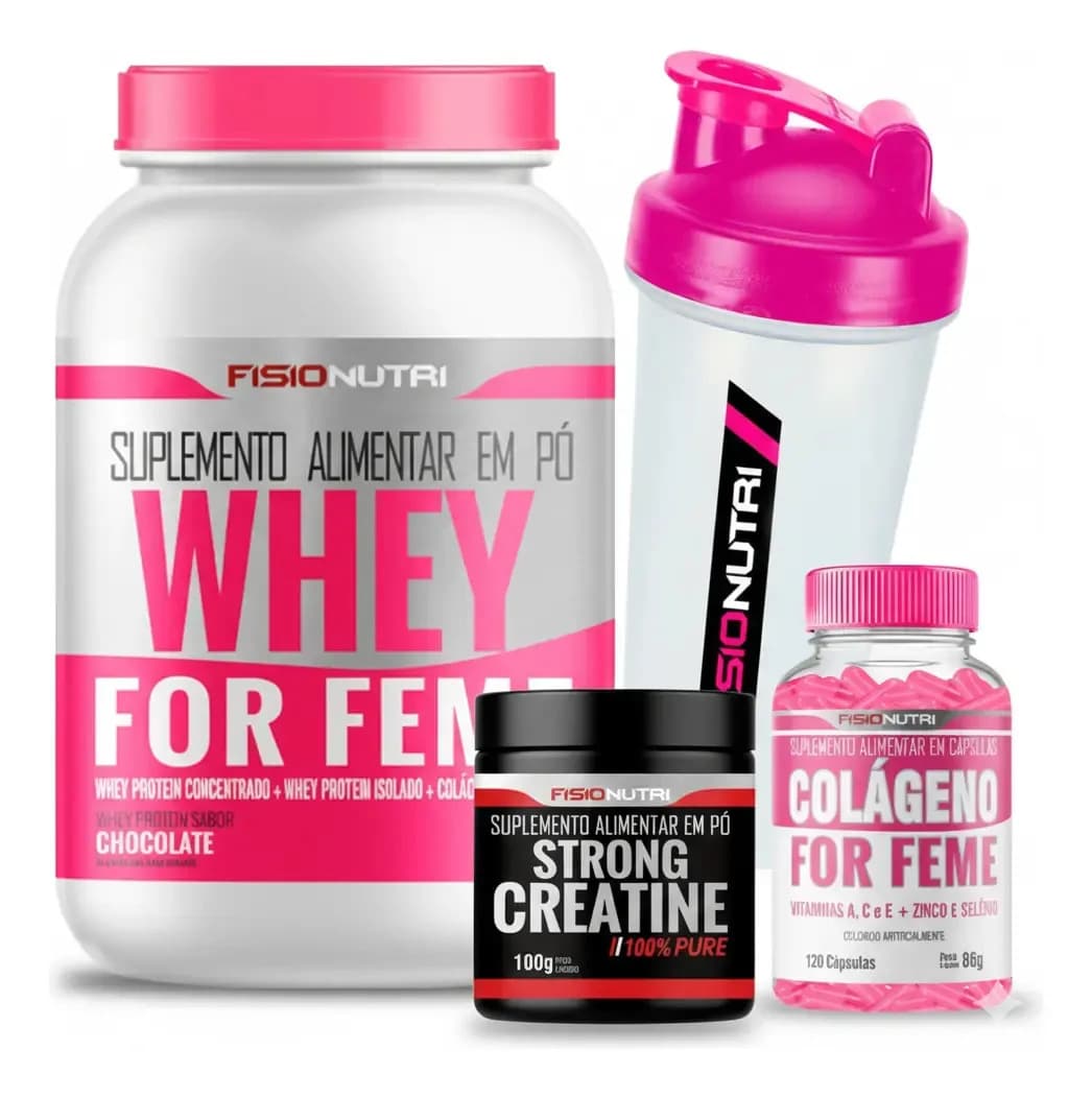 Fisionutri Kit Whey Feminino + Creatina 100gr + Colágeno 120 + Sabor Morango
