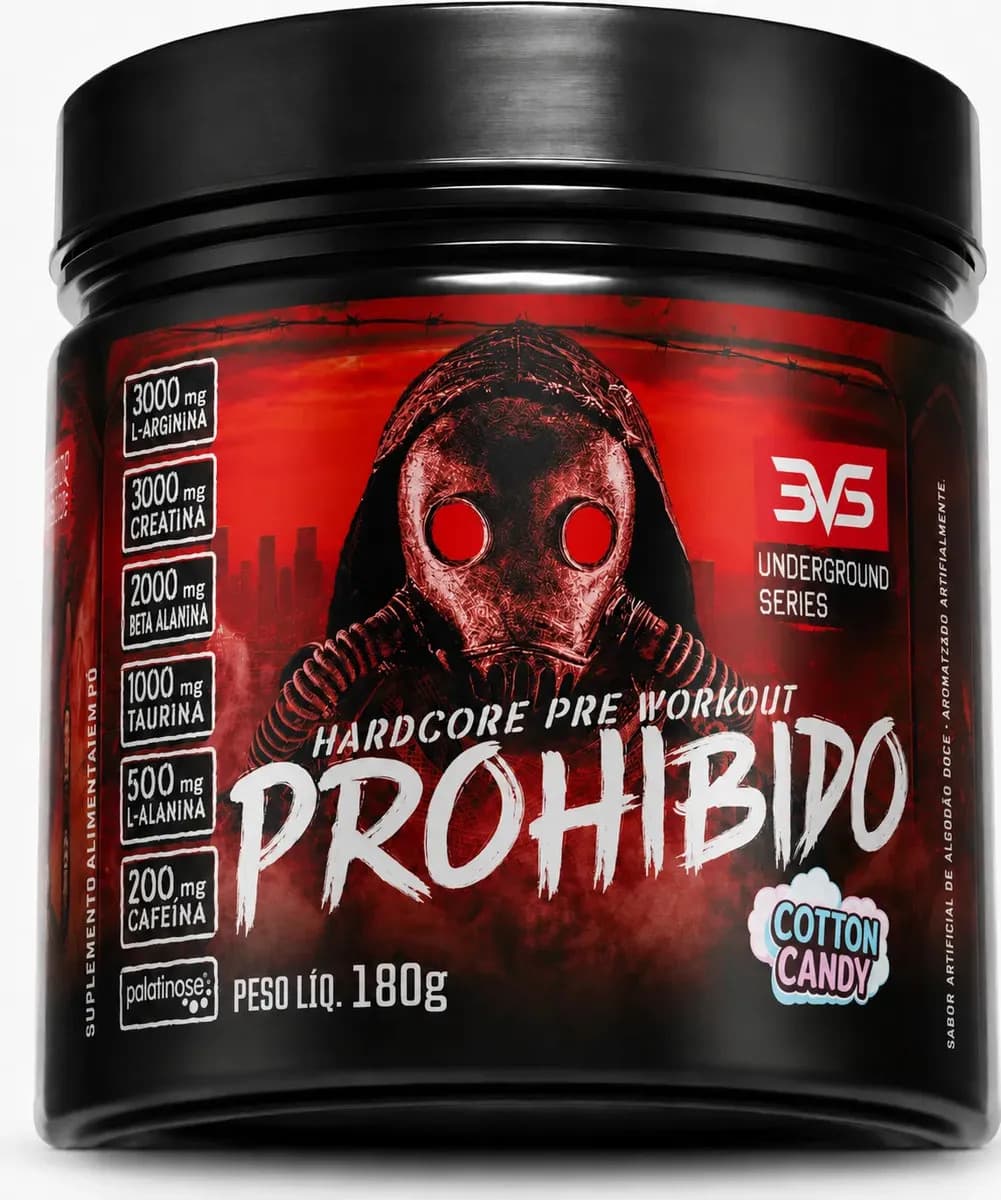 3VS Nutrition Pré Treino Prohibido 180g Sabor Cotton Candy - Fórmula Avançada Contendo Creatina, Beta Alanina, Taurina, L-tirosina, L-alanina, Cafeína, Arginina E Palatinose - Extra Forte Algodão-doce