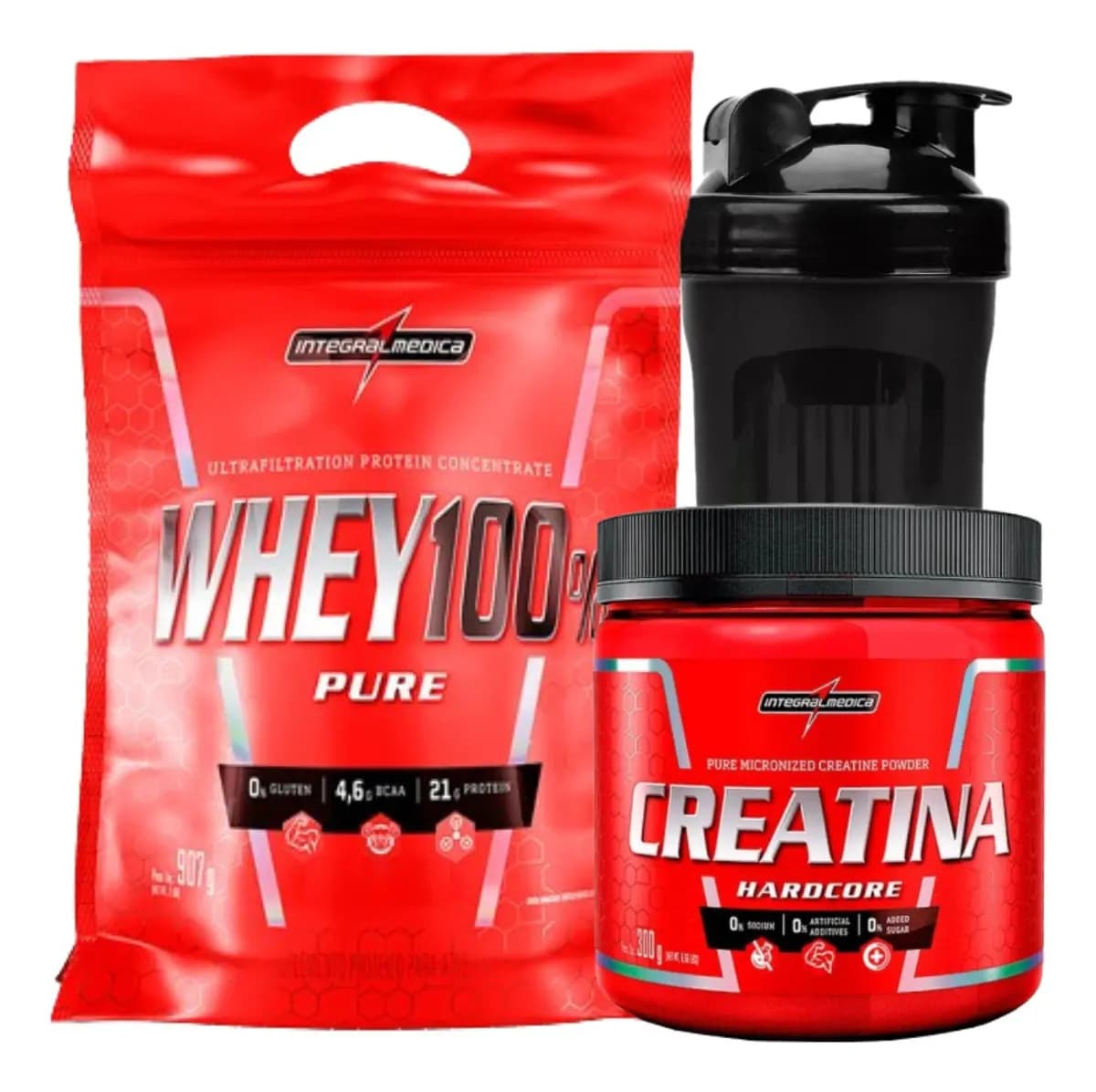 Integralmédica Whey 100% 900g + Creatina Integral Médica 300g +coqueteleira Sabor Chocolate