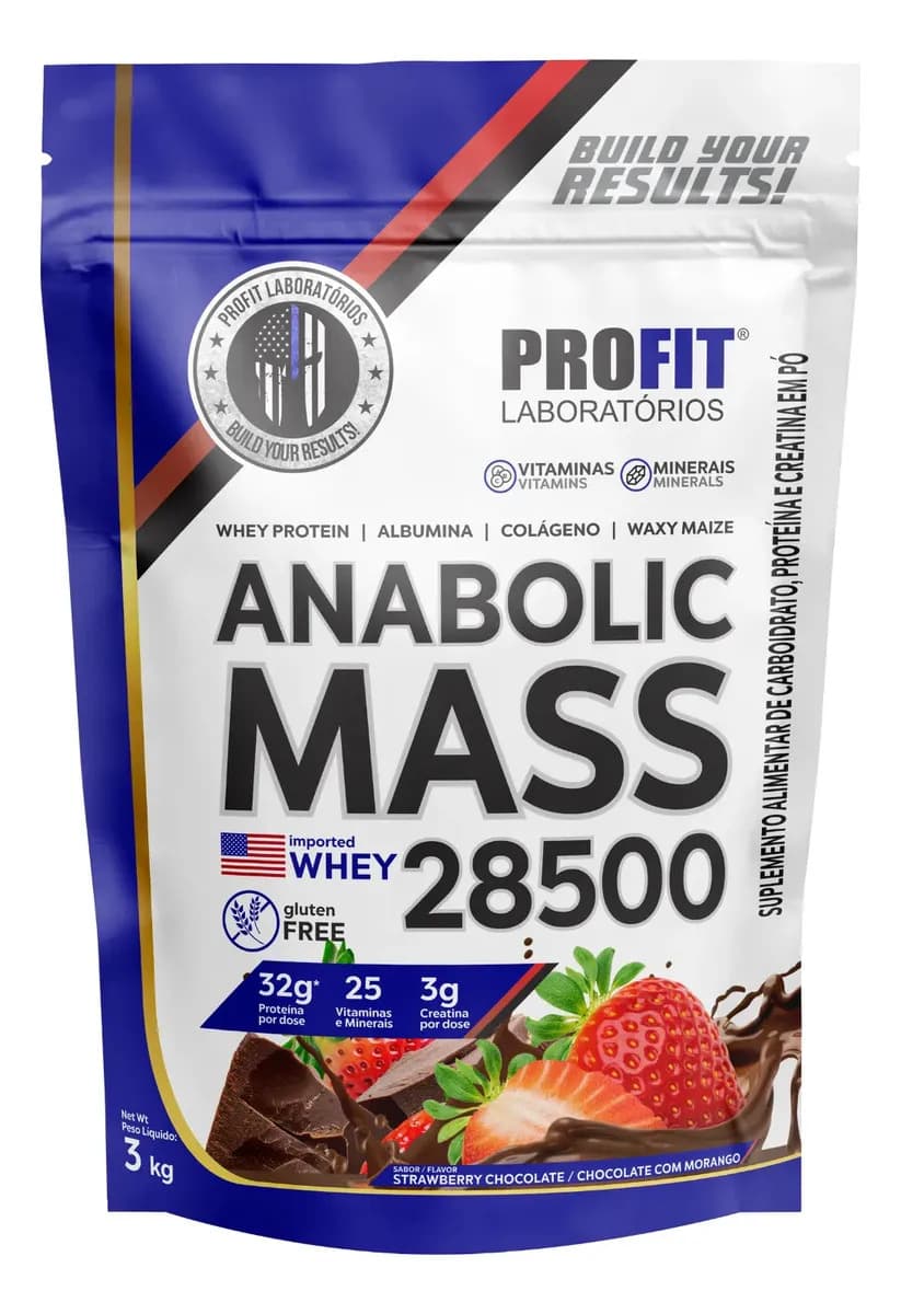 ProFit Laboratórios Hipercalórico Anabolic Mass 28500 3kg Profit Labs Sabor Chocolate com Morango