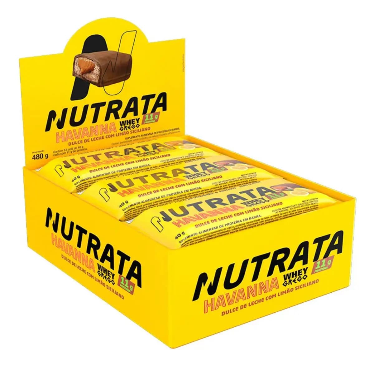 Nutrata Barra Whey Grego 40g Display com 12 unidades Limão Siciliano e Dulce de Leche Havanna Nutrata