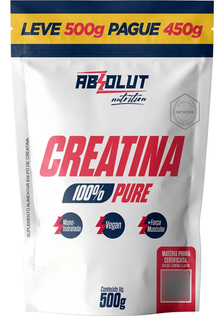 Absolut Nutrition Creatina Monohidratada Absolut Nutrition 500g Pura Sem Sabor Vegana