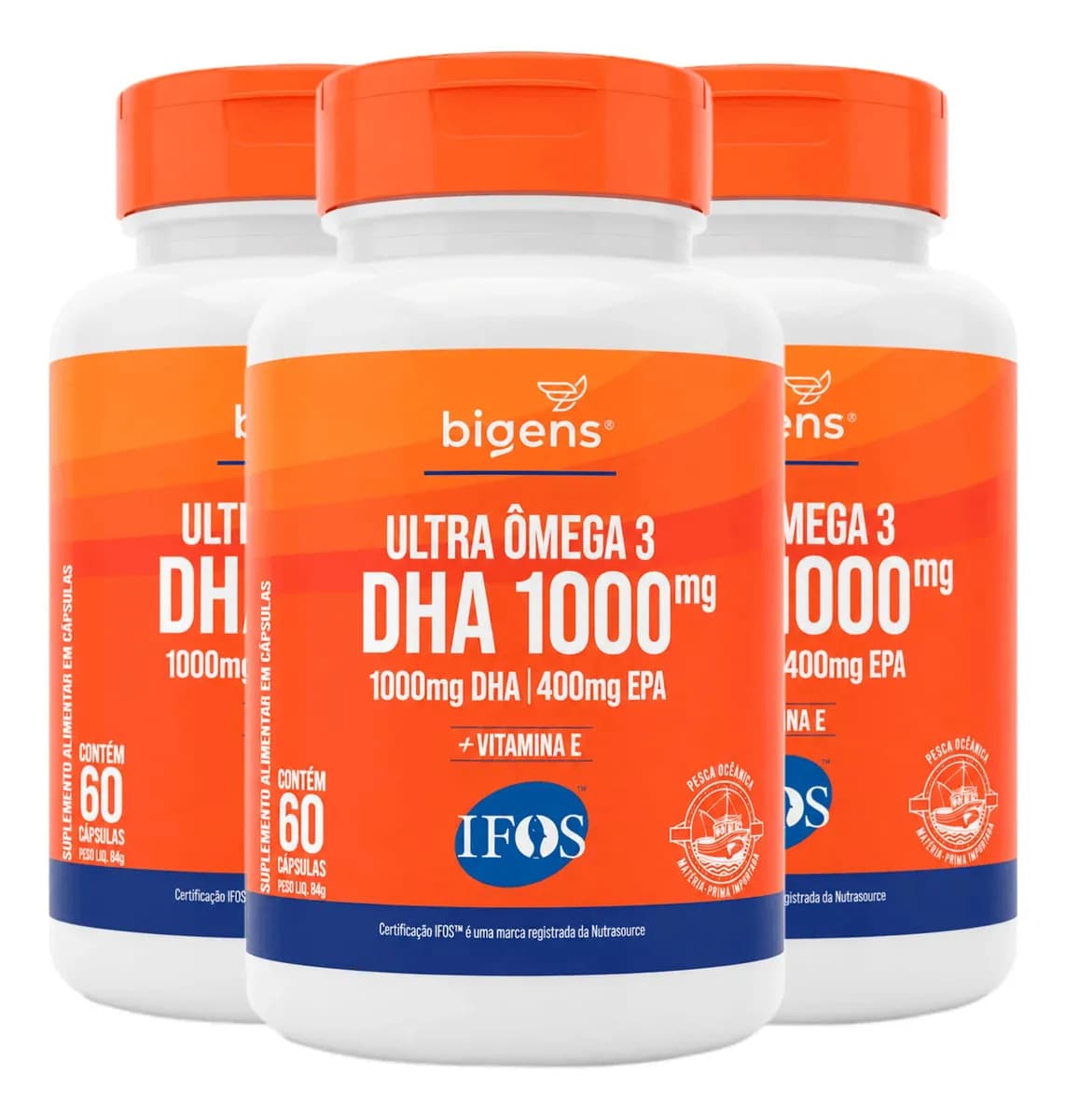 Bigens Kit 3x Ultra Ômega 3 Dha 1000mg Epa 400mg IFOS 60 Cápsulas Bigens Sabor Neutro
