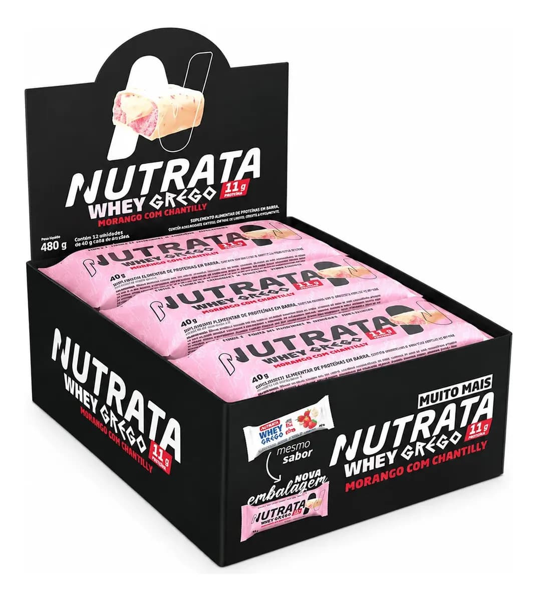 Nutrata Barra Whey Grego 40g Display com 12 unidades Morango com Chantilly Nutrata