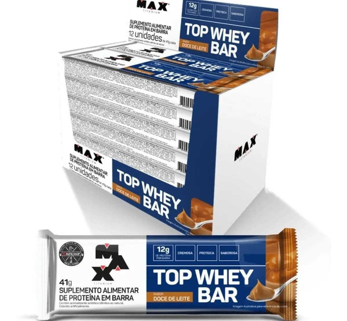 Max Titanium Barra de Proteína 12 Unidades Top Whey Bar Max Titanium Amendoim Alto Proteico Sabor Doce de Leite