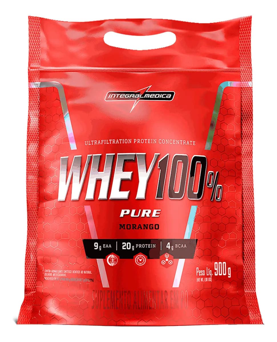 Integralmédica Whey 100% Pure Pouch Morango 900g Integralmedica - 21g de Proteína para Hipertrofia e Recuperação Muscular
