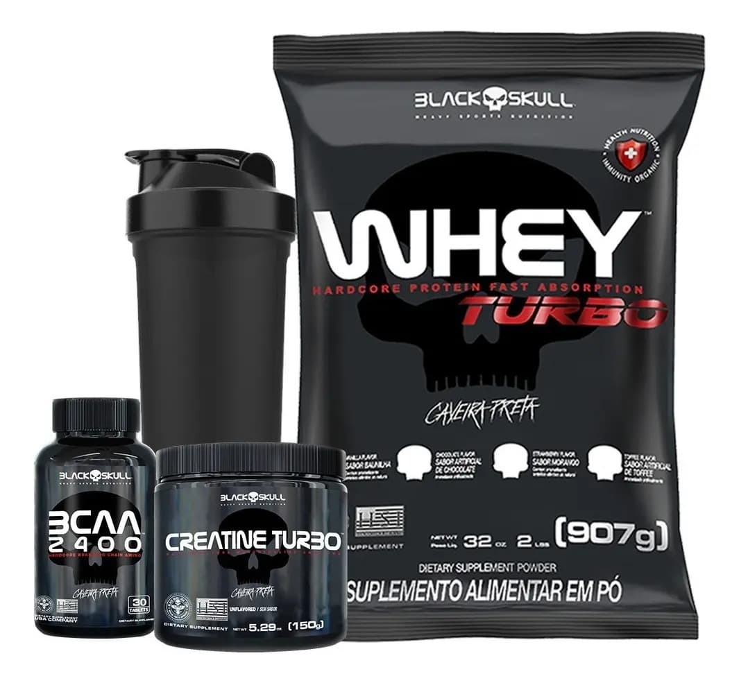 Black Skull Kit Whey Protein Turbo Bcaa Creatina Shaker Combo Soldier Gr Sabor Morango