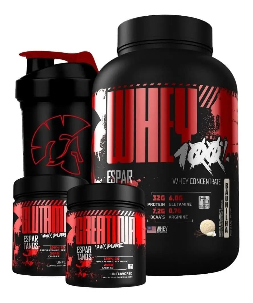 Espartanos Kit Whey Concentrado + Creatina + Glutamina + Shaker Sabor Baunilha
