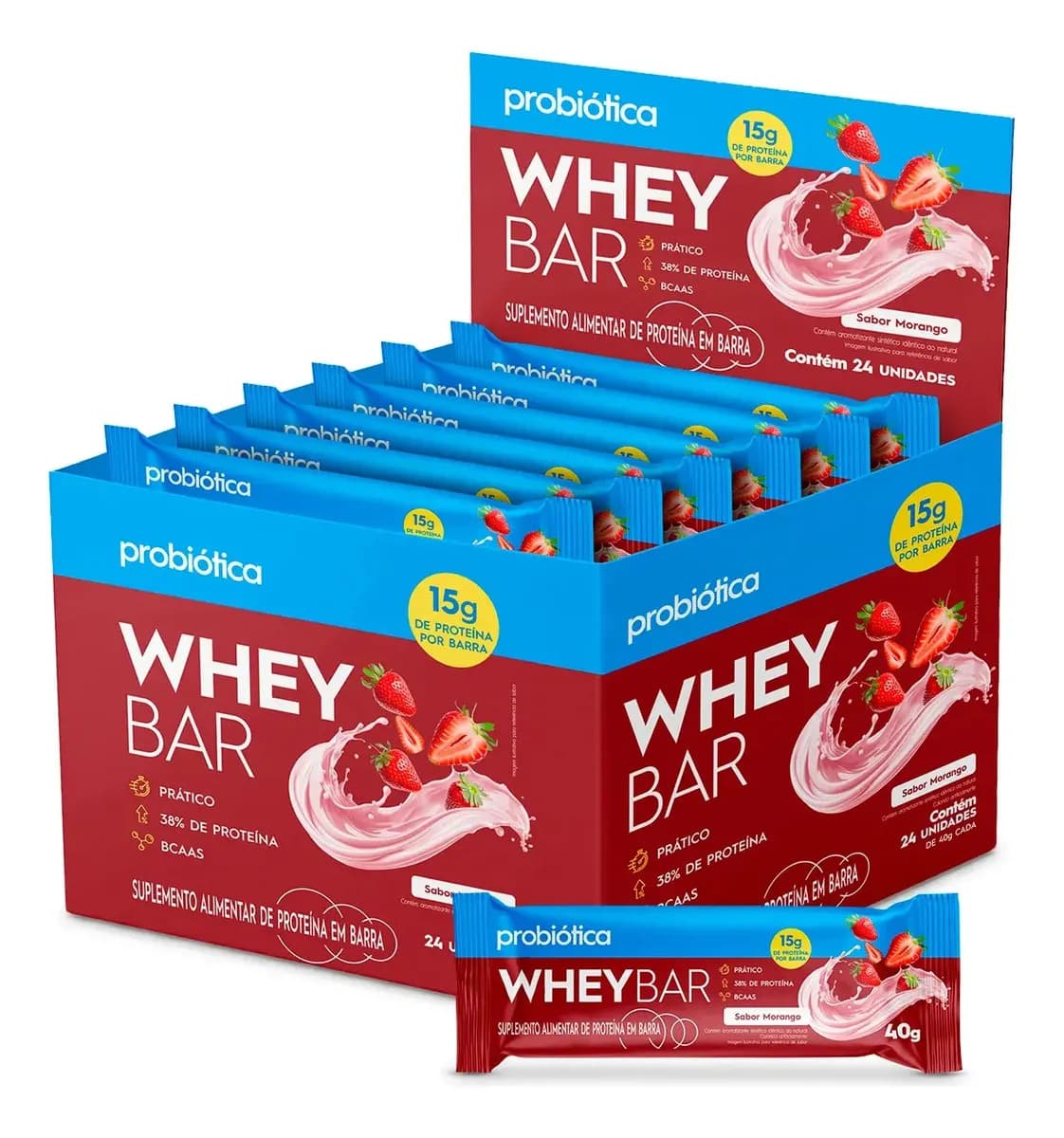 Probiótica Barra de Proteína 24 Unidades Whey Bar Probiótica Morango Alto Proteico