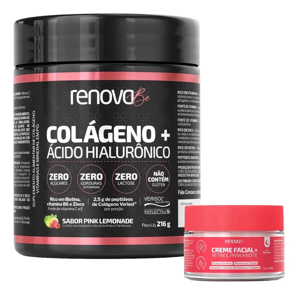 Renova Be Colágeno + Ácido Hialurônico Pink Lemonade Renova Be Colágeno Hidrolisado Vitamina E, C, B6, B7 Biotina Zinco Peptídeos
