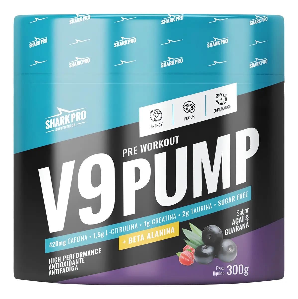 Shark Pro Suplemento Em Pó Pré Treino V9 Pump Shark Pro 300g Alanina Sabor Açaí Com Guaraná