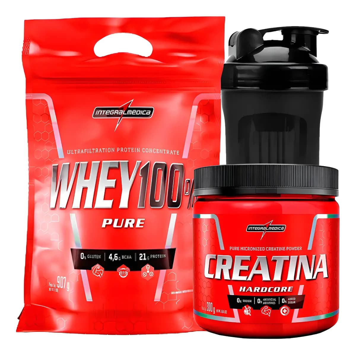 Integralmédica Whey 100% 900g + Creatina Integral Médica 300g +coqueteleira Sabor Baunilha