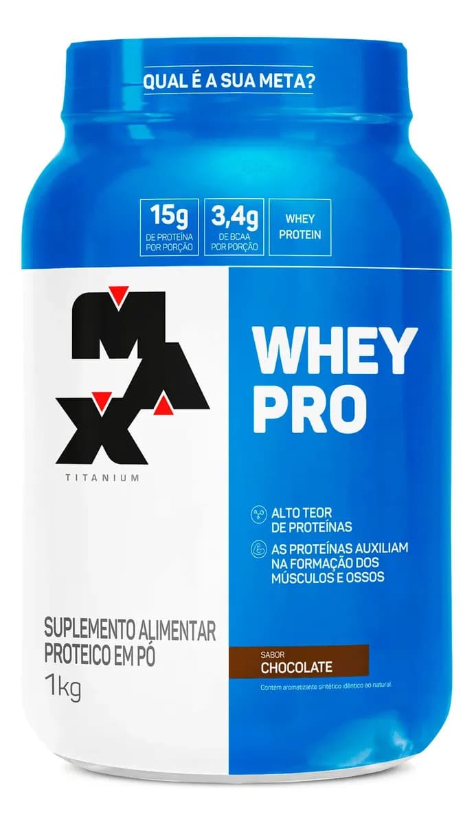 Max Titanium Whey Protein 1kg Whey Pro Max Titanium Sabor Chocolate BCAA e Aminoácidos
