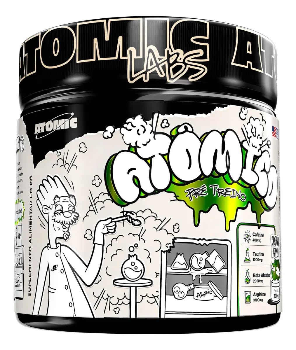 Atomic Labs Pré Treino Atômico 300g Atomic Labs Sabor Maçã Verde Energia Explosiva