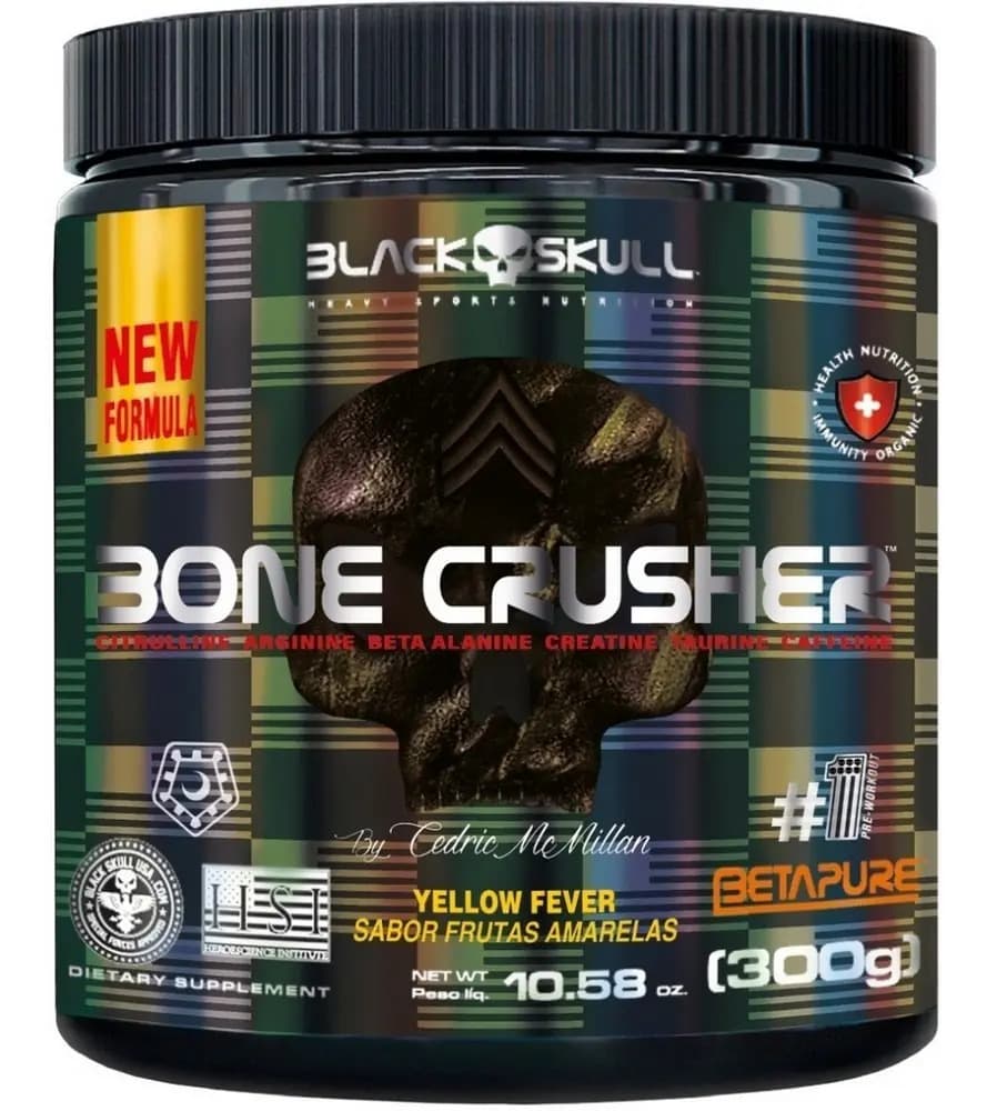 Black Skull Pré-treino Bone Crusher 300g Black Skull Sabor Frutas Amarelas