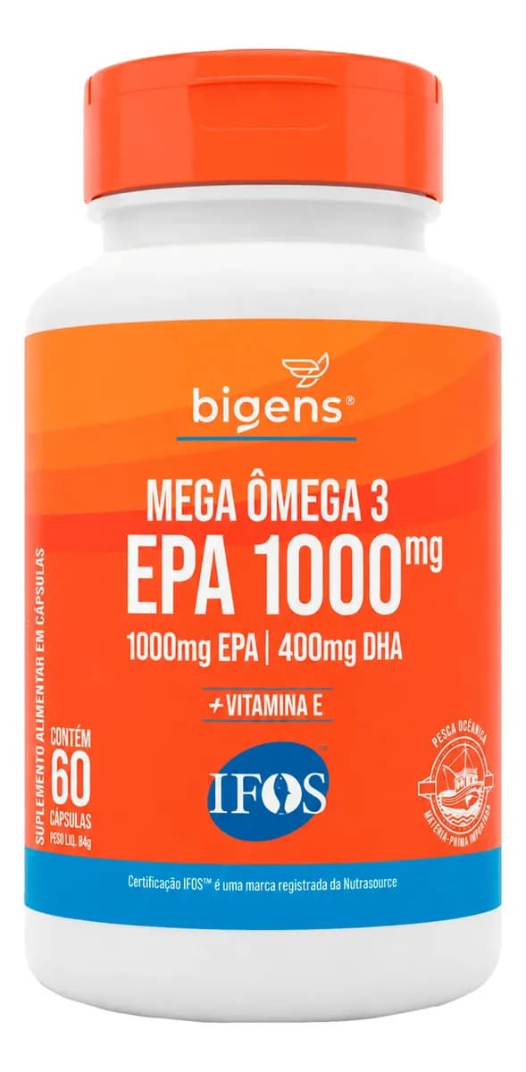 Biogens Mega Ômega 3 Bigens Selo IFOS EPA 1000mg DHA 400mg 60 Cápsulas Sabor Neutro