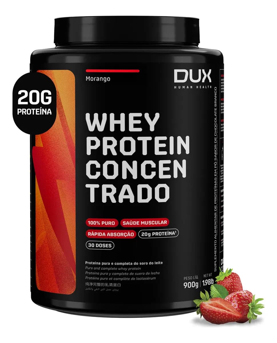 Dux Nutrition Whey Protein Concentrado DUX 900g Morango Proteína Pura Suplemento Muscular