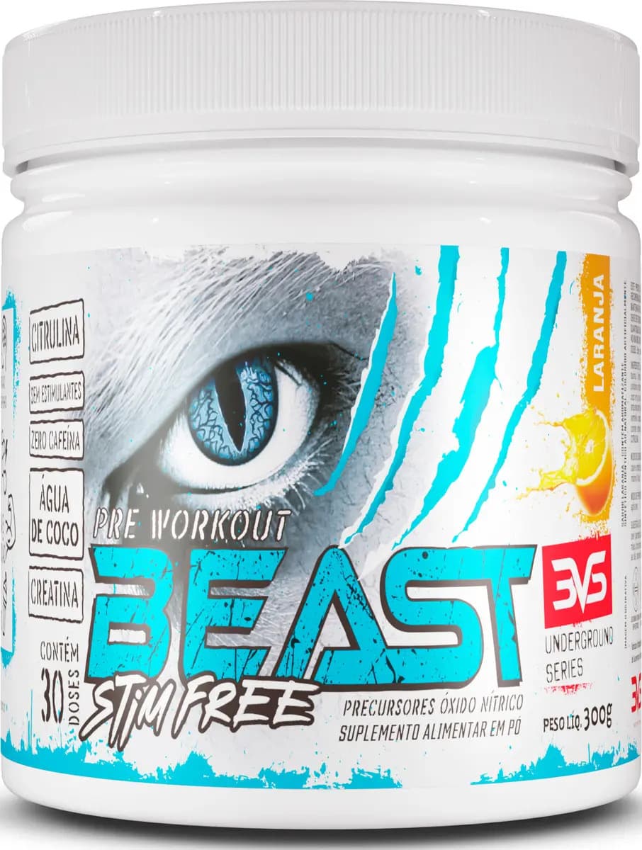 3VS Nutrition PRÉ TREINO SEM CAFEÍNA BEAST 300g - Sabor Laranja - Fórmula Exclusiva com Citrulina, Beta Alanina, Creatina, Água de Coco, Arginina, Taurina e Tirosina