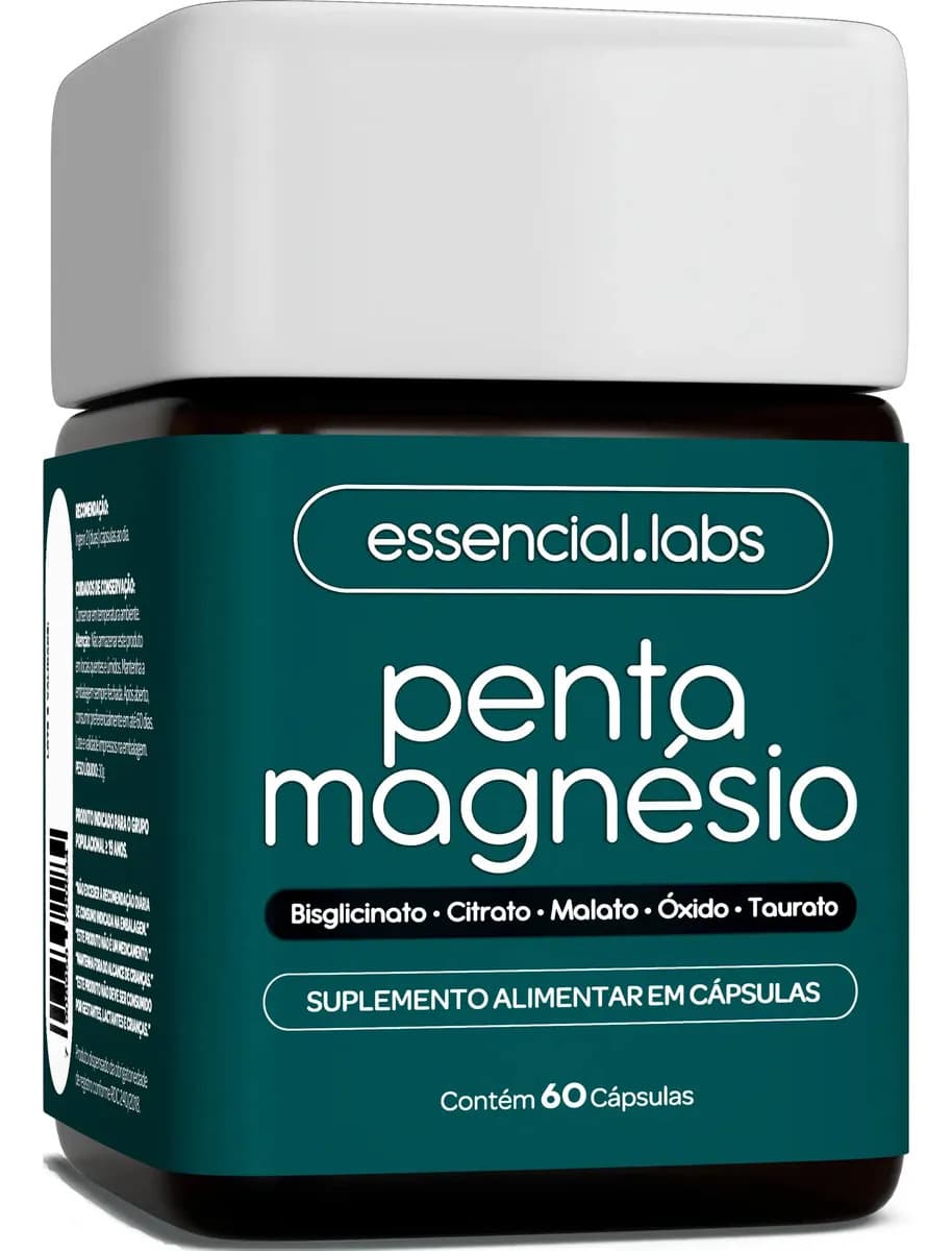 Essencial Labs PENTA MAGNÉSIO - Bisglicinato + Dimalato + Citrato + Taurato + Óxido de Magnésio - A Combinação Perfeita de 5 Magnésios com Máxima Pureza e Biodisponibilidade - 60 Cápsulas