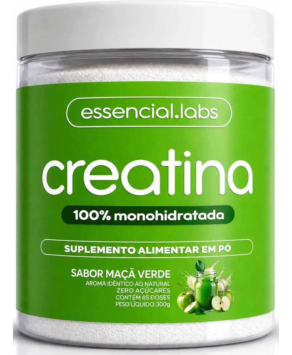 Essencial Labs CREATINA MONOHIDRATADA 100% Pura - Sabor Maçã Verde - 300g